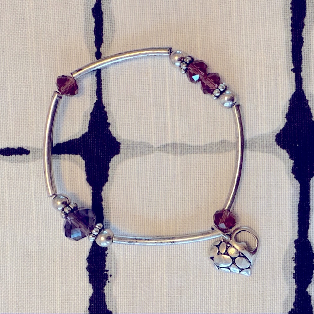 Silver 925 Sterling and Purple Cut Glass Heart Charm Bracelet